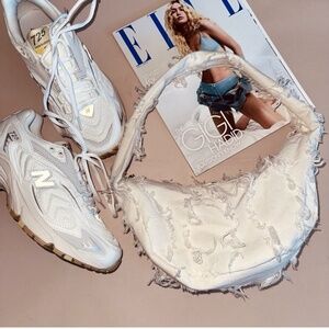 BAG White Cotton Distressed Half Moon Shoulder Bag